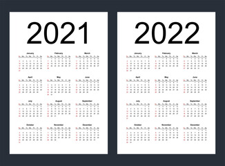 Simple editable vector calendars for year 2021, 2022. Week starts from Sunday. Vertical. Isolated vector illustration.