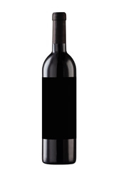 Black wine bottle on white background with blank and black label