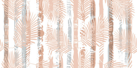 Tropical pattern, palm leaves seamless vector floral background. Exotic plant on pastel stripes print illustration. Summer nature jungle print. Leaves of palm tree on paint lines. ink brush strokes