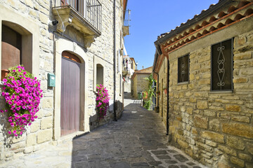 A narrow street among the old houses of Castelmezzano, a rural village in the Basilicata region, Italy.