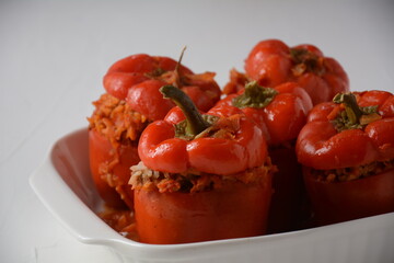 Stuffed red bell peppers with beef meat and rice.