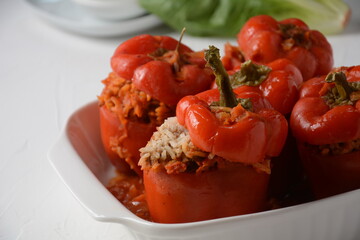 Stuffed red bell peppers with beef meat and rice.