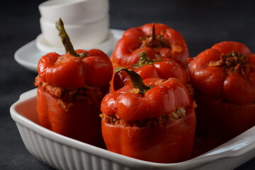 Stuffed red bell peppers with beef meat and rice.