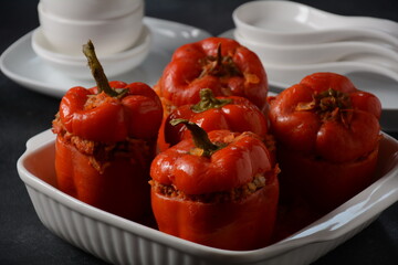 Stuffed red bell peppers with beef meat and rice.