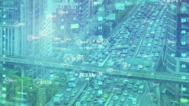 Digital smart city transportation control and tracking, AR augmented reality technology car vehicle tracking cloud data computing. Future technology futuristic data analyze graphic.