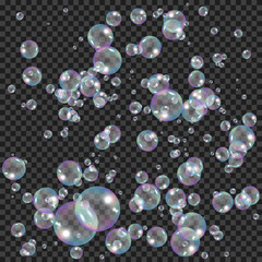 Realistic soap bubbles with rainbow reflection effect. Water foam bubbles. Vector