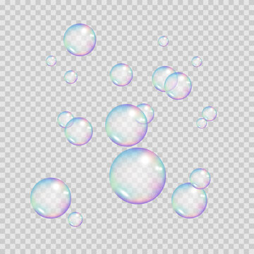 Realistic rainbow color bubbles. Colorful soap bubbles. Vector illustration isolated on transparent background