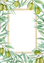 Fototapeta premium Greenery Watercolor olive leaves gold frame, Realistic olives tree branch illustration on white background, Hand painted wedding invitation. Border design for poster, greeting card, label concept.