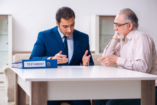 Young Male Lawyer Visiting Old Man In Testament Concept