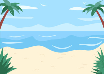 Fototapeta na wymiar Sand beach and shoreless ocean flat color vector illustration. Seaside resort. Under sunny skies. Sea waves, palm trees, seagulls 2D cartoon seascape with nature scenery on background