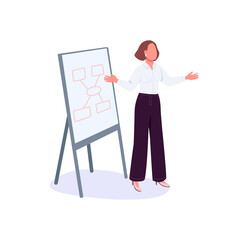 Businesswoman presents project flat color vector faceless character. Female motivational speaker. Office worker making presentation isolated cartoon illustration for web graphic design and animation
