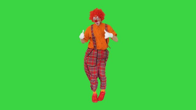 Colorful funny clown walking and dancing on a Green Screen, Chroma Key.