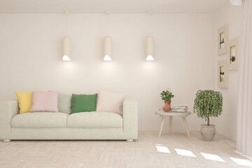 White living room with sofa. Scandinavian interior design. 3D illustration