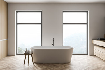 Fototapeta na wymiar White and wooden bathroom with tub