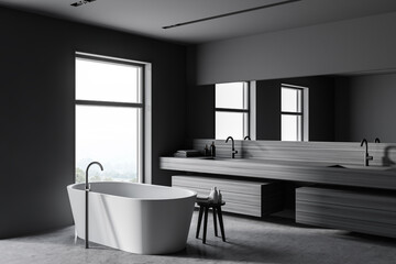 Wooden and gray bathroom corner with tub