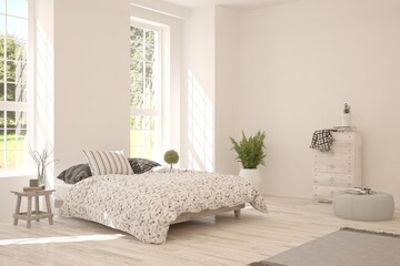 White bedroom interior. Scandinavian design. 3D illustration