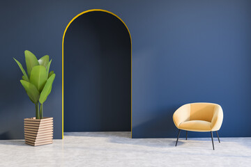 Blue living room interior with beige armchair