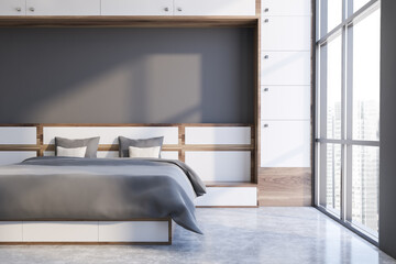 Panoramic grey master bedroom interior