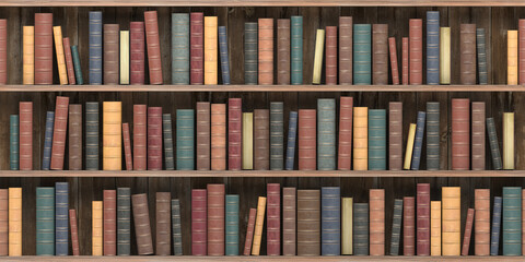 Vintage books on old wooden shelf. Old library or antique bookshop. Tiled seamless texture, wallpaper or background.