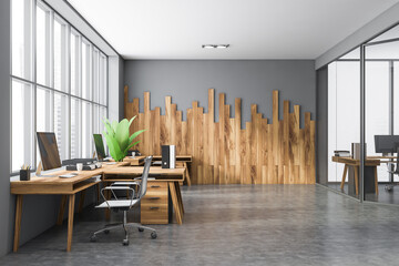 Gray and wooden open space office interior