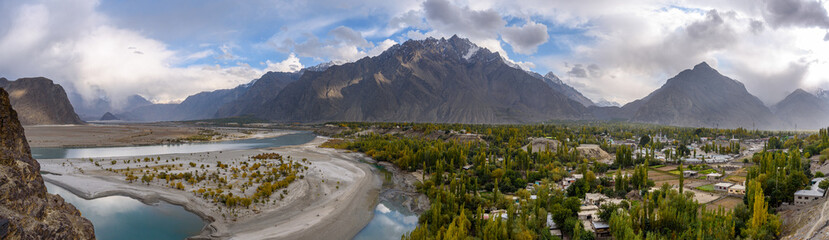 Fototapeta na wymiar Autumn view of the Skardu valley, Gilgit-Baltistan, Pakistan. Karakoram mountain range in the background