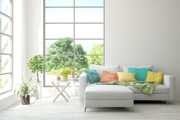 White living room with colorful sofa and summer landscape in window. Scandinavian interior design. 3D illustration