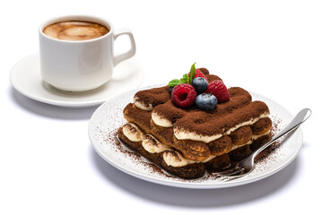 portion of Classic tiramisu dessert with raspberries, blueberries and cup of fresh hot espresso isolated on white background - clipping path