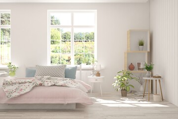 Obraz na płótnie Canvas White stylish minimalist bedroom with summer landscape in window. Scandinavian interior design. 3D illustration