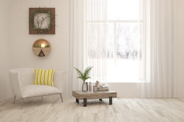 White living room with armchair. Scandinavian interior design. 3D illustration