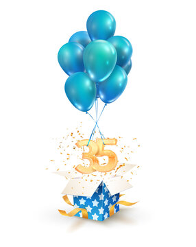 35th years celebrations. Greetings of thirty-five anniversary isolated vector design elements. Open textured gift box with numbers and flying on balloons.