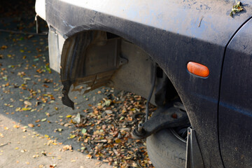 Chiang Mai, Thailand - September 5, 2020. Dirty and wreck cars  at the car cemetery.