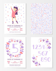 Frames with flowers, numbers and happy girl for greeting cards. To birthday celebrate, . Vector background on white background