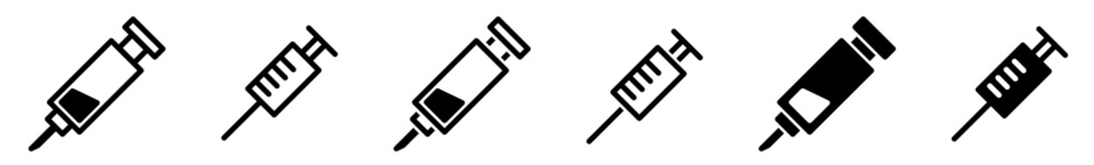 Syringe Injection Icon Black | Syringes Illustration | Needle Symbol | Medicine Logo | Inject Sign | Isolated | Variations