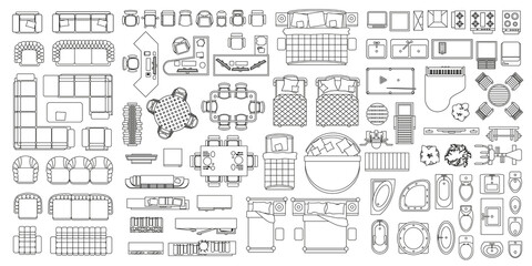 Set of linear icons. Interior top view. Isolated Vector Illustration. Furniture and elements for living room, bedroom, bathroom, kitchen. Floor plan (view from above). Furniture store.