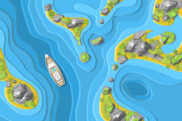 Topographic landscape. Ocean, islands and yacht. (top view) Time to travel - sun, sea, island, sand, yacht, palm. (view from above) 