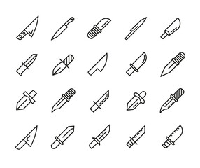 Set of Outline Vector Icons Related Knifes, Blades.  Modern Style, Premium Quality.