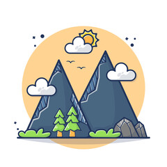 Mountain View Landscape Vector Illustration. View, Hiking, Mount, Travel, Forest, Cloud.  Flat Cartoon Style Suitable for Sticker, Wallpaper, Icon, Landing Page, Web.