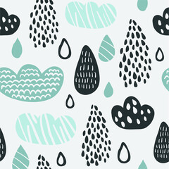 Cute vector seamless pattern with sky, rain drops, clouds isolated on light. Scandinavian minimalistic design for kids clothing, textile, nursery decor