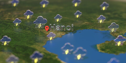 Stormy weather icons near Hanoi city on the map, weather forecast related 3D rendering