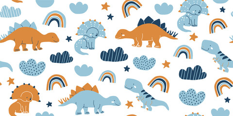 Cute vector seamless pattern with dinosaurs, stars, clouds, rainbows on white background. Dino pattern for kids textile, clothing, fabrics. Scandinavian pattern in hand drawn doodle style