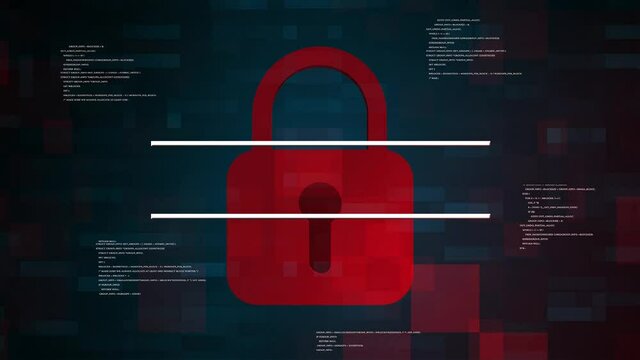 Security intro - flashing warning lettering in front of a red closed padlock - digital computer display with permanently changing program code as background