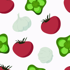 vector seamless pattern with vegetables. background with pepper, tomato, and garlic. for packaging, menu and fabric design. vegetarian and vegan style.