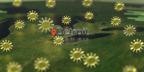 Sunny weather icons near Detroit city on the map, weather forecast related 3D rendering