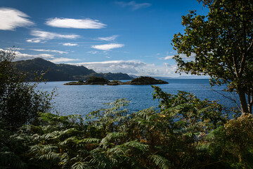 Fototapeta na wymiar Nature landscape of the Loch Nan Uamh with a blue sky, Scotland, United Kingdom