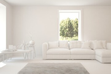 White living room with sofa and summer landscape in window. Scandinavian interior design. 3D illustration