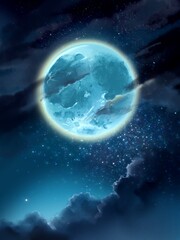 bluely full moon with cloud in night sky