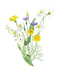Watercolor bouquet of wild flowers in leaves