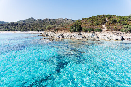 Lotus beach, Cape Corse, Corsica, France. Turquoise water and wild coastline