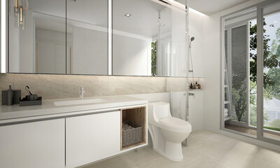 Modern cozy white bathroom and restroom mock up interior design and marble wall background and garden view