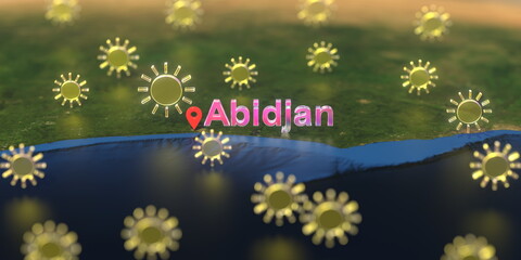 Sunny weather icons near Abidjan city on the map, weather forecast related 3D rendering
